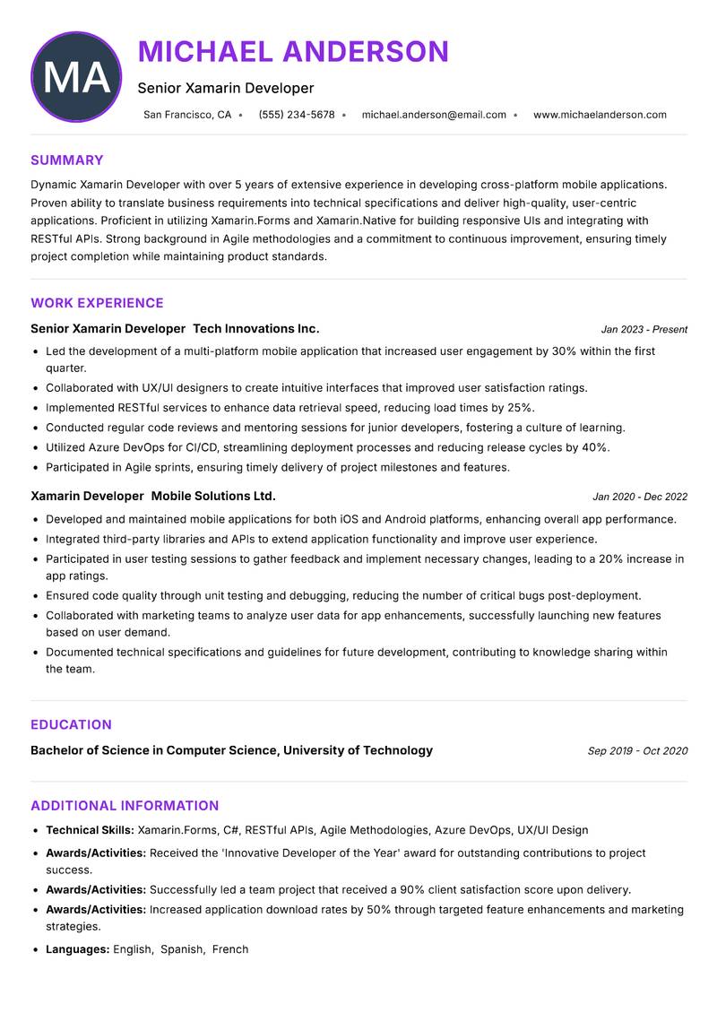 Xamarin Developer Resume Preview Example