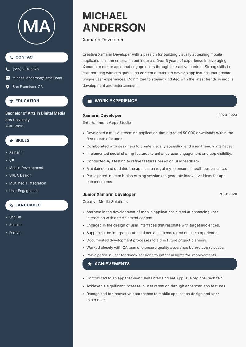 Xamarin Developer Resume Preview Example