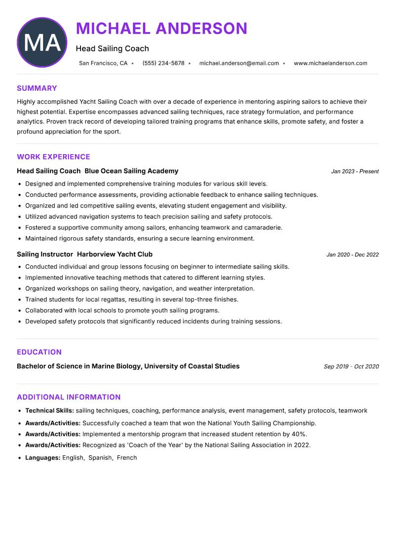 Yacht Sailing Coach Resume Preview Example