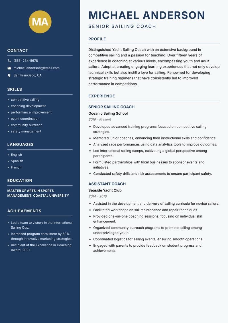 Yacht Sailing Coach Resume Preview Example