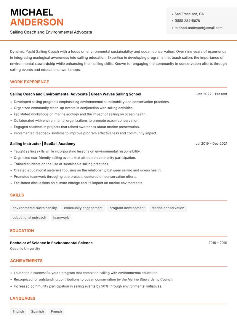 Yacht Sailing Coach Resume Template