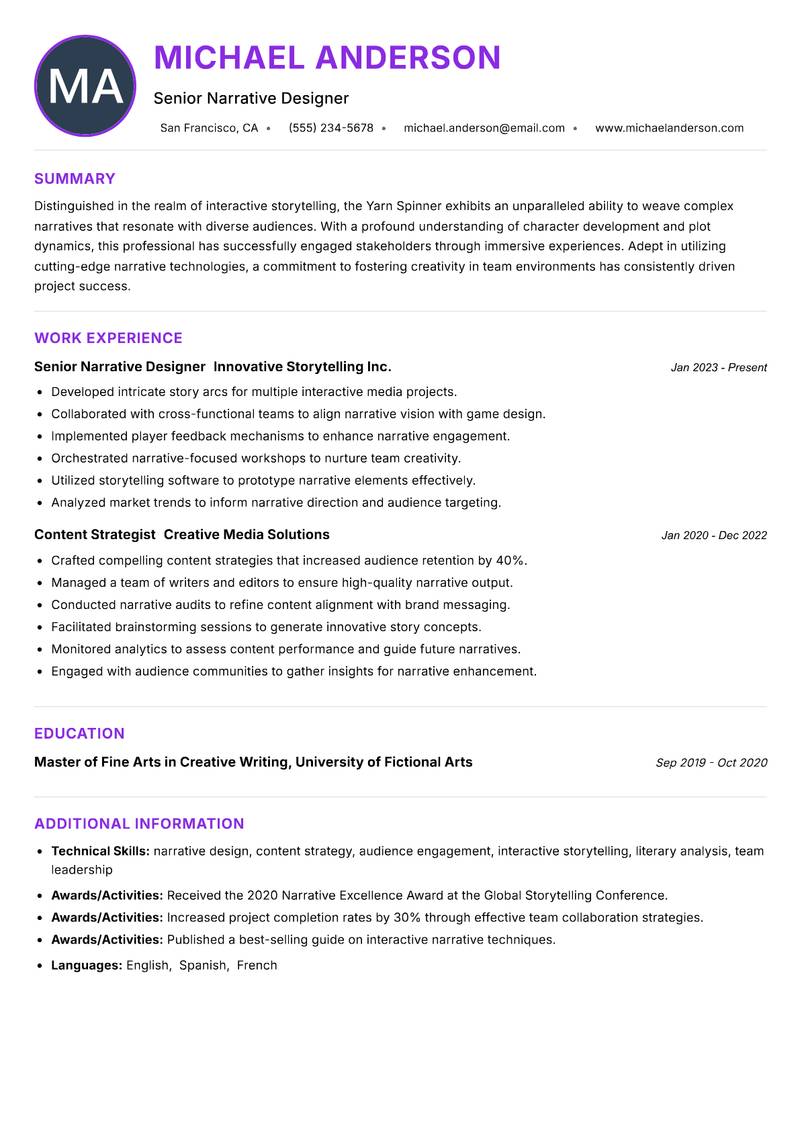 Yarn Spinner Resume Preview Example