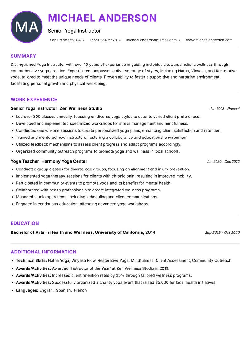 Yoga Instructor Resume Preview Example