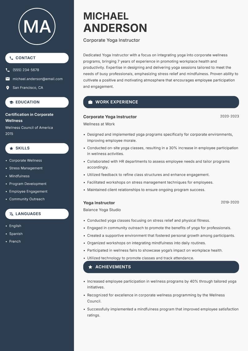 Yoga Instructor Resume Preview Example