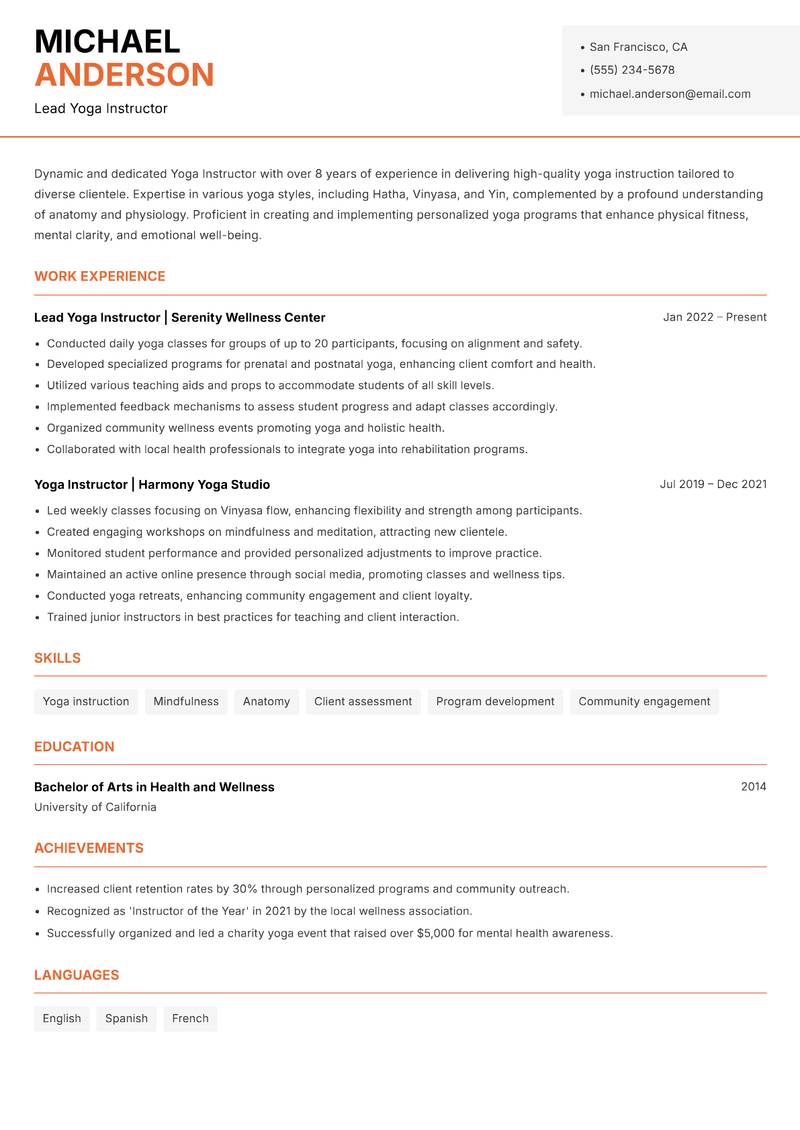 Yoga Instructor Resume Template