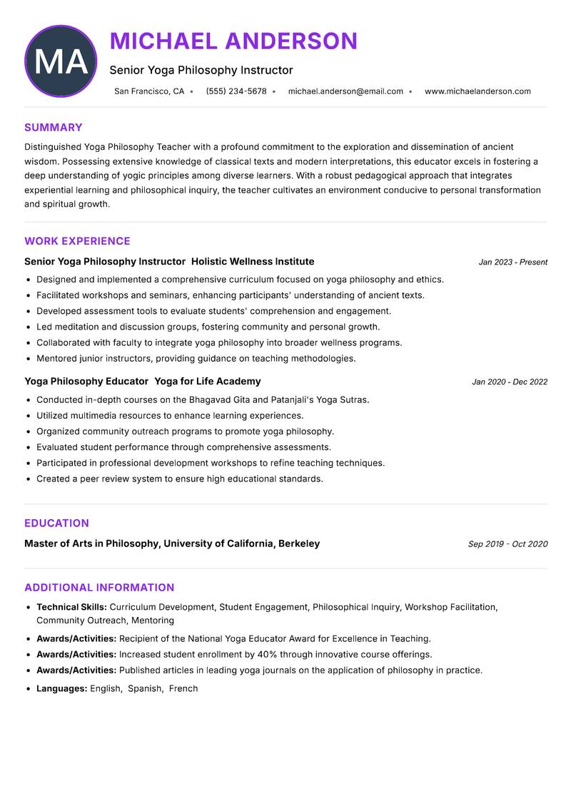 Yoga Philosophy Teacher Resume Preview Example