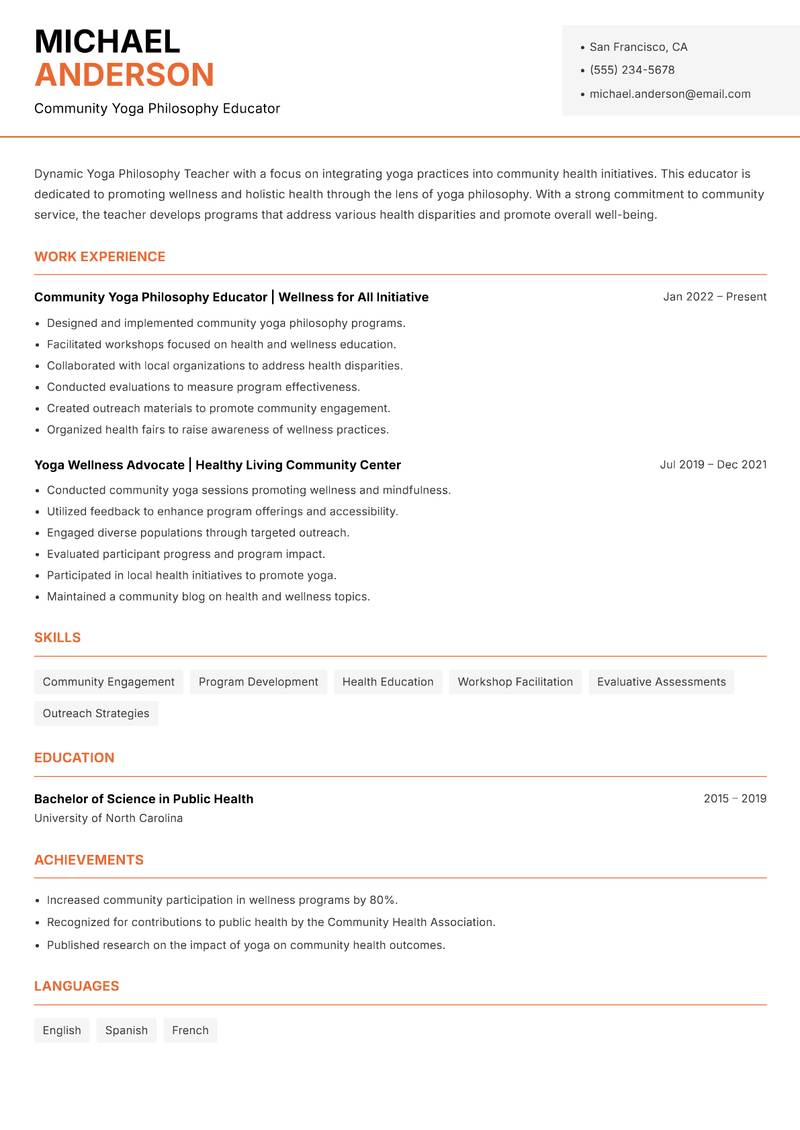 Yoga Philosophy Teacher Resume Template