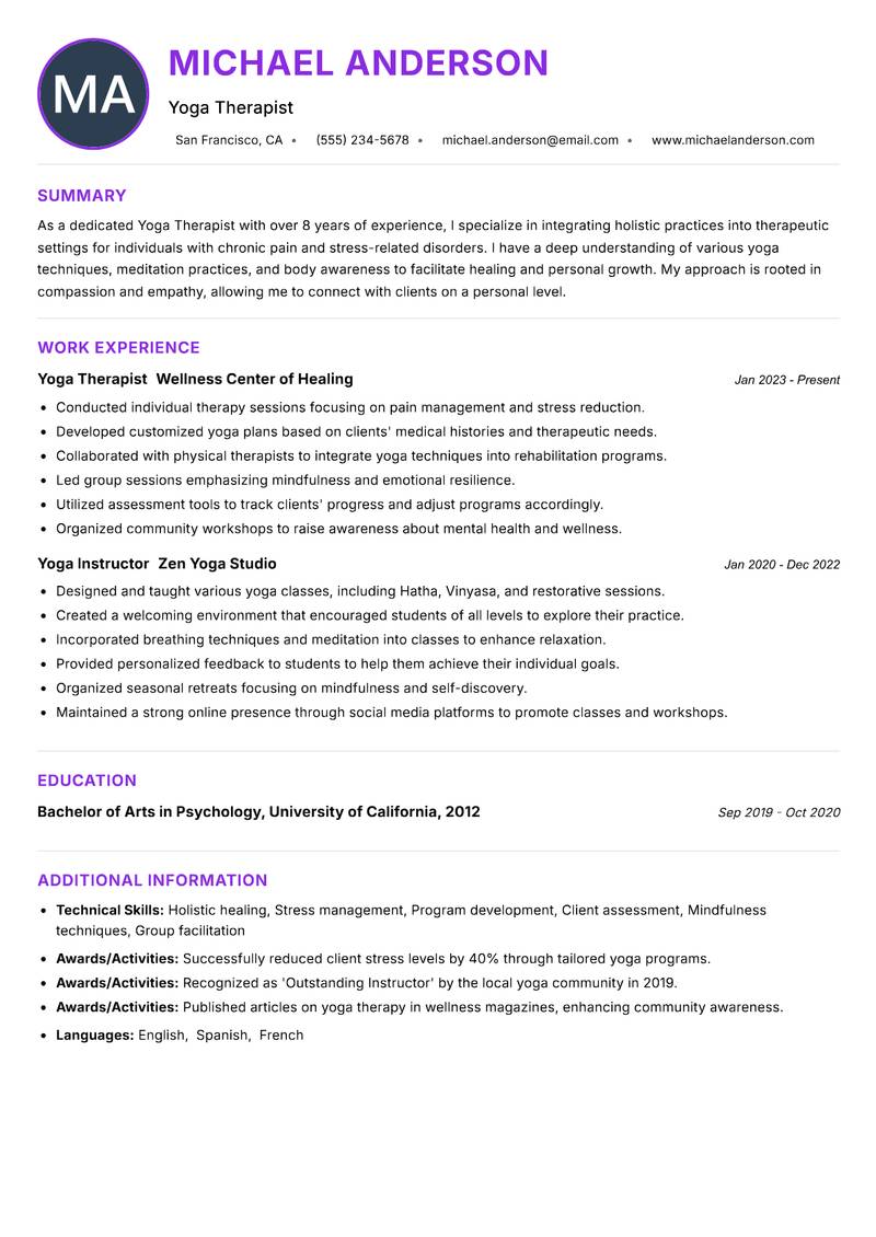 Yoga Therapist Resume Preview Example
