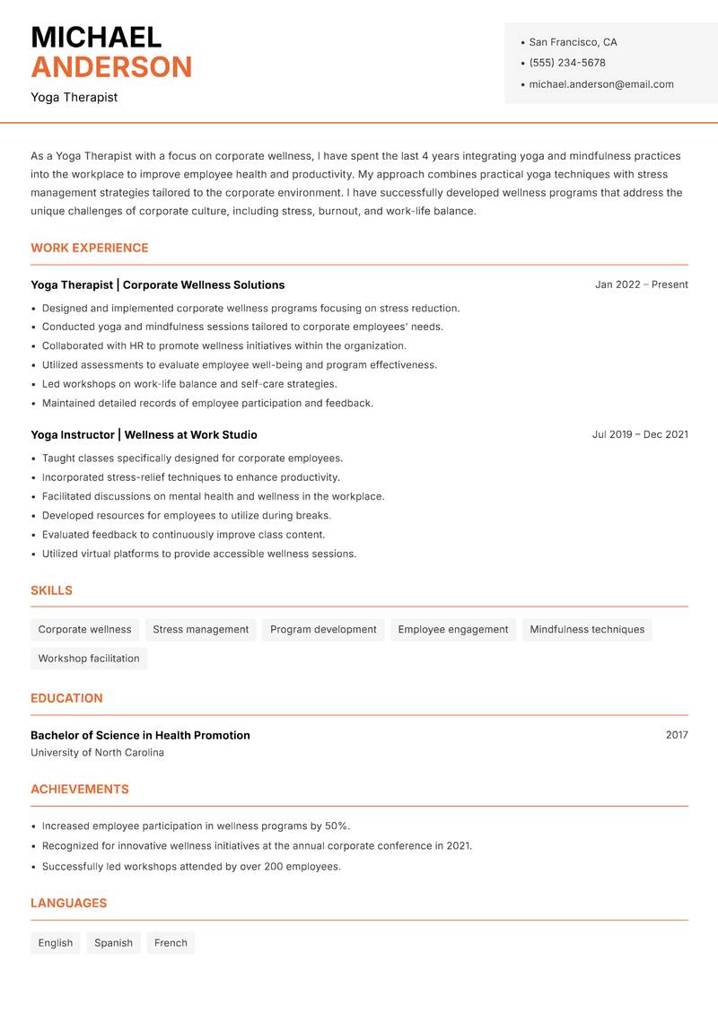 Yoga Therapist Resume Template