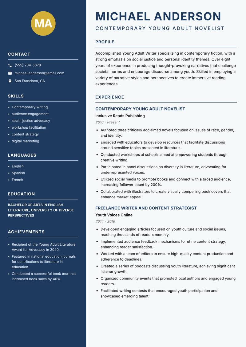 Young Adult Writer Resume Preview Example