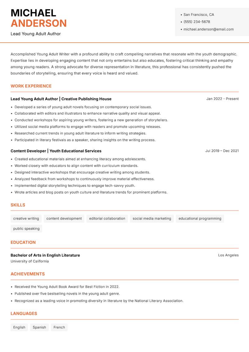 Young Adult Writer Resume Template