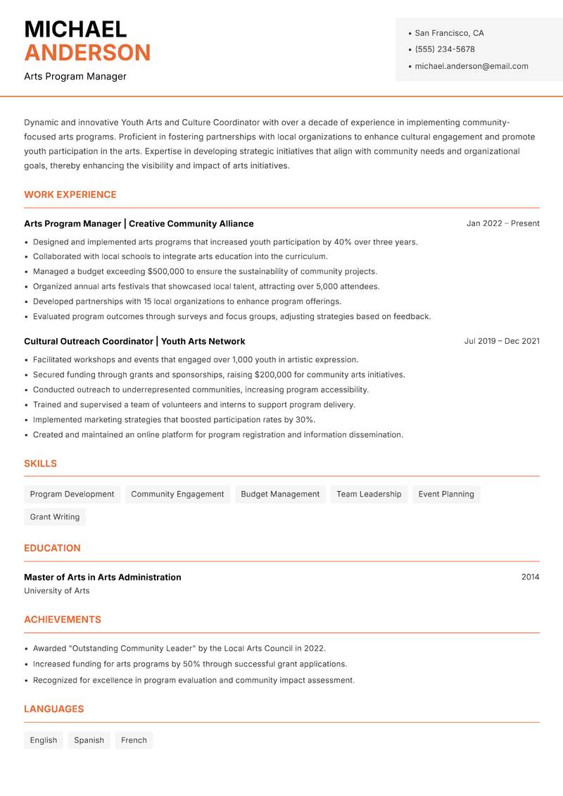 Youth Arts and Culture Coordinator Resume Template