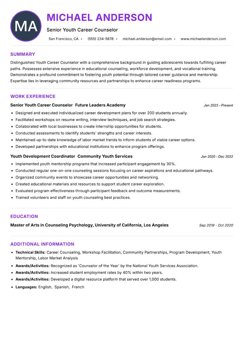 Youth Career Counselor Resume Preview Example