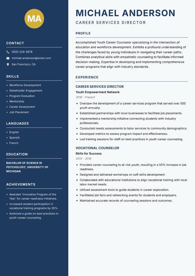 Youth Career Counselor Resume Preview Example