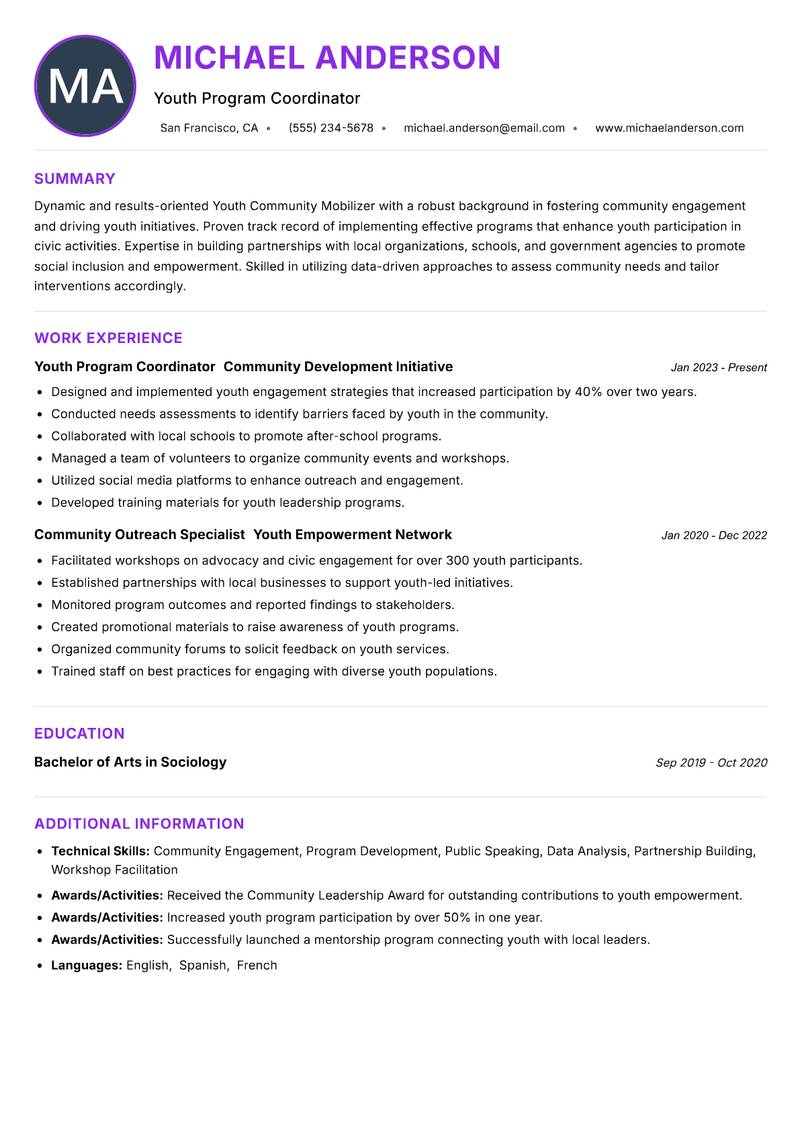 Youth Community Mobilizer Resume Preview Example