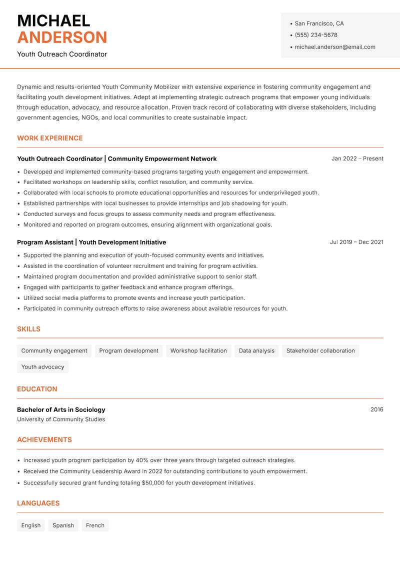 Youth Community Mobilizer Resume Template