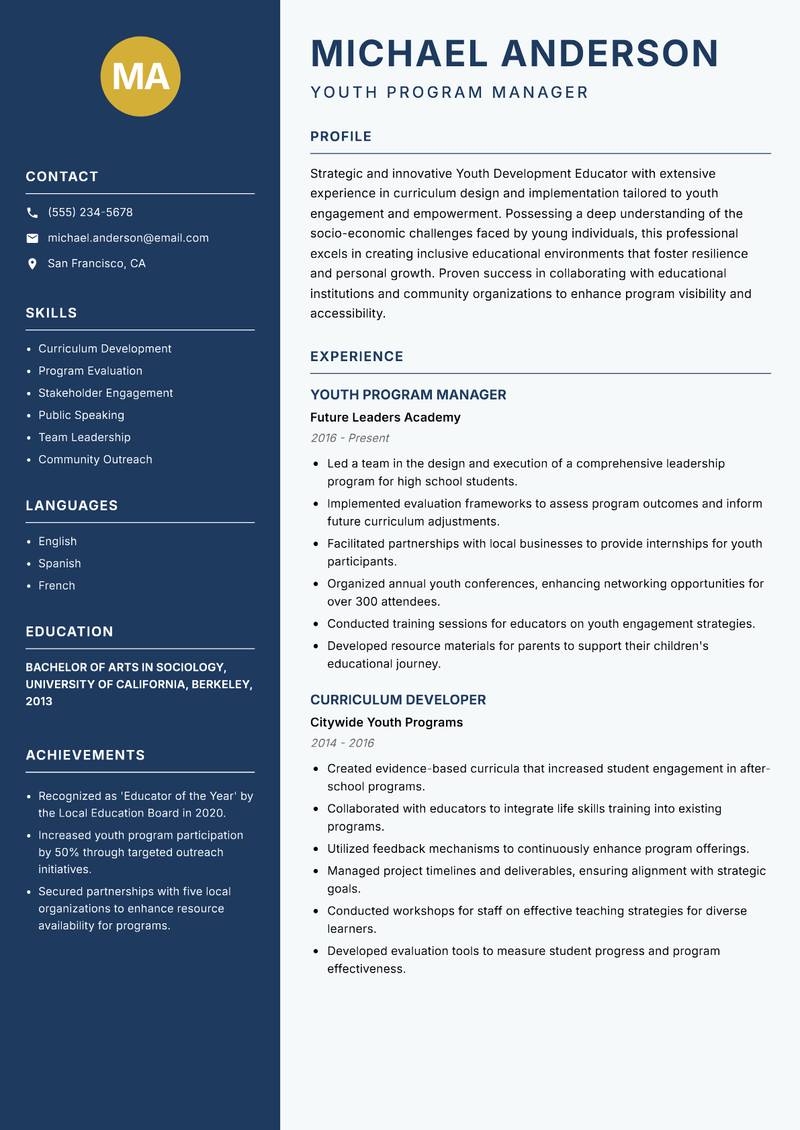 Youth Development Educator Resume Preview Example