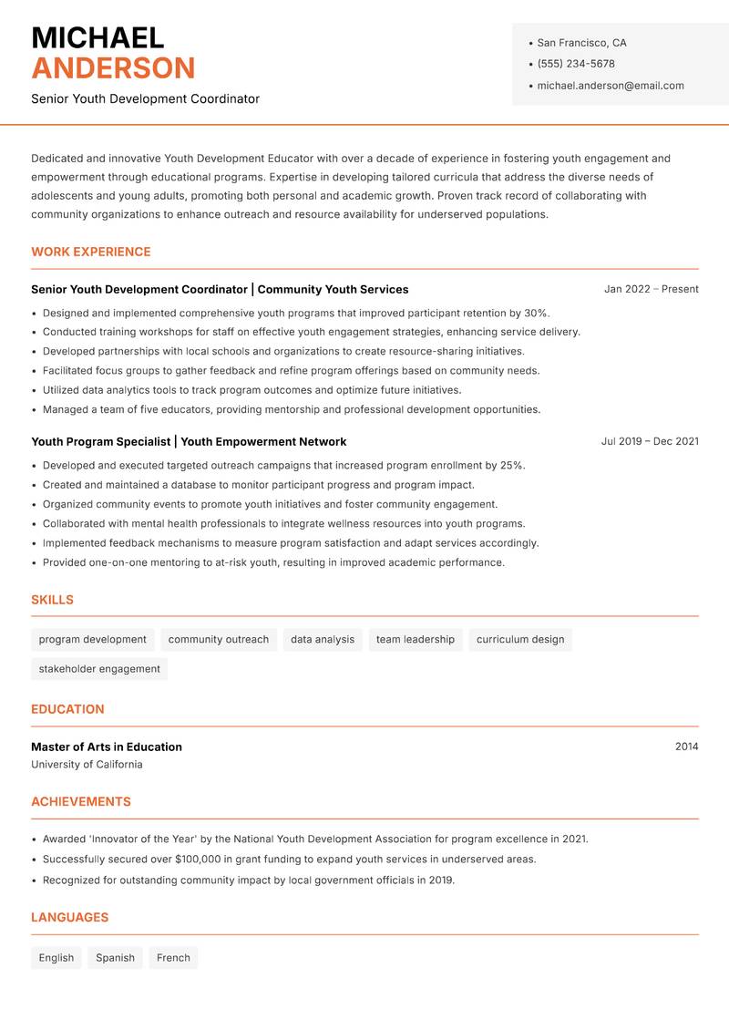 Youth Development Educator Resume Template