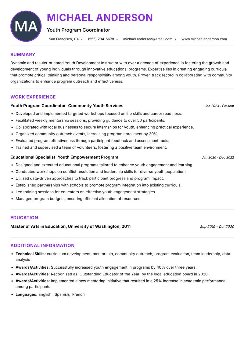 Youth Development Instructor Resume Preview Example
