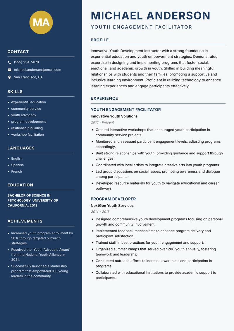 Youth Development Instructor Resume Preview Example