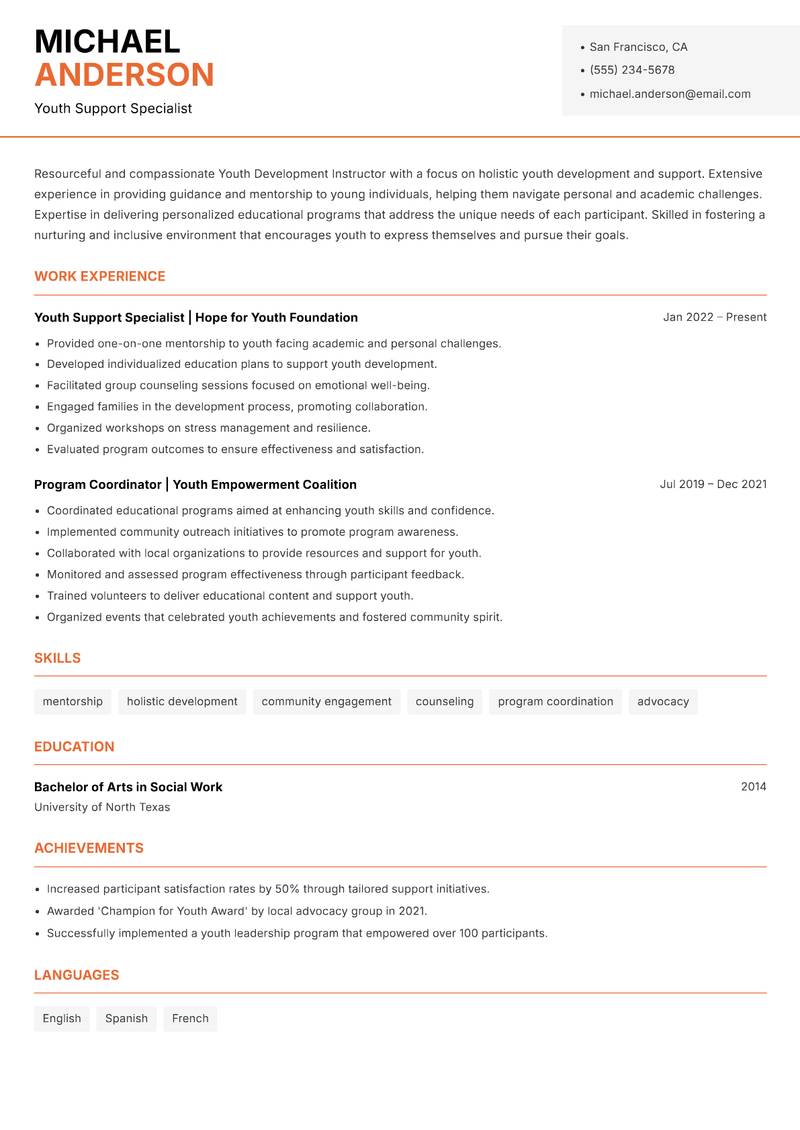 Youth Development Instructor Resume Template