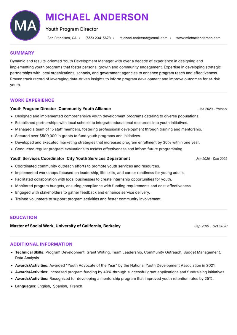 Youth Development Manager Resume Preview Example