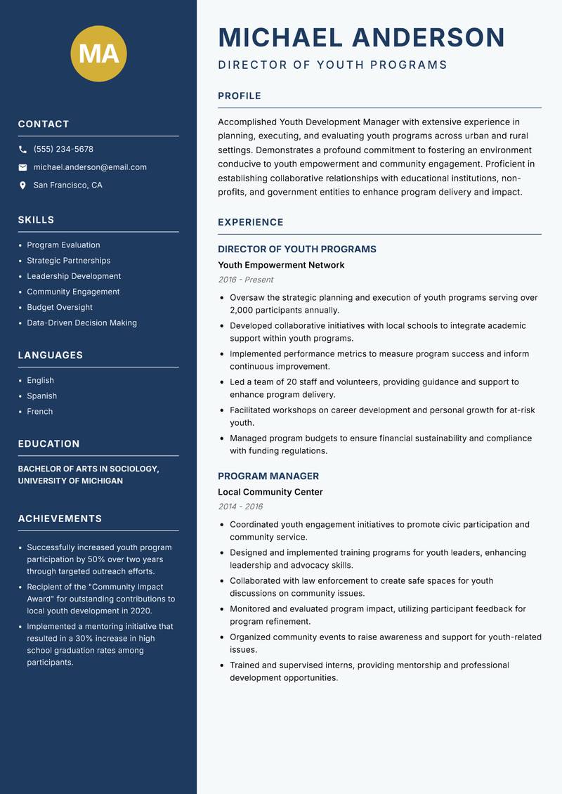 Youth Development Manager Resume Preview Example