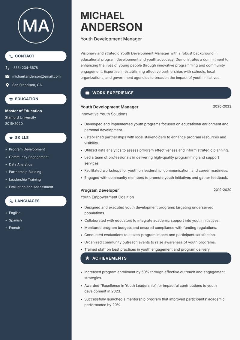 Youth Development Manager Resume Preview Example