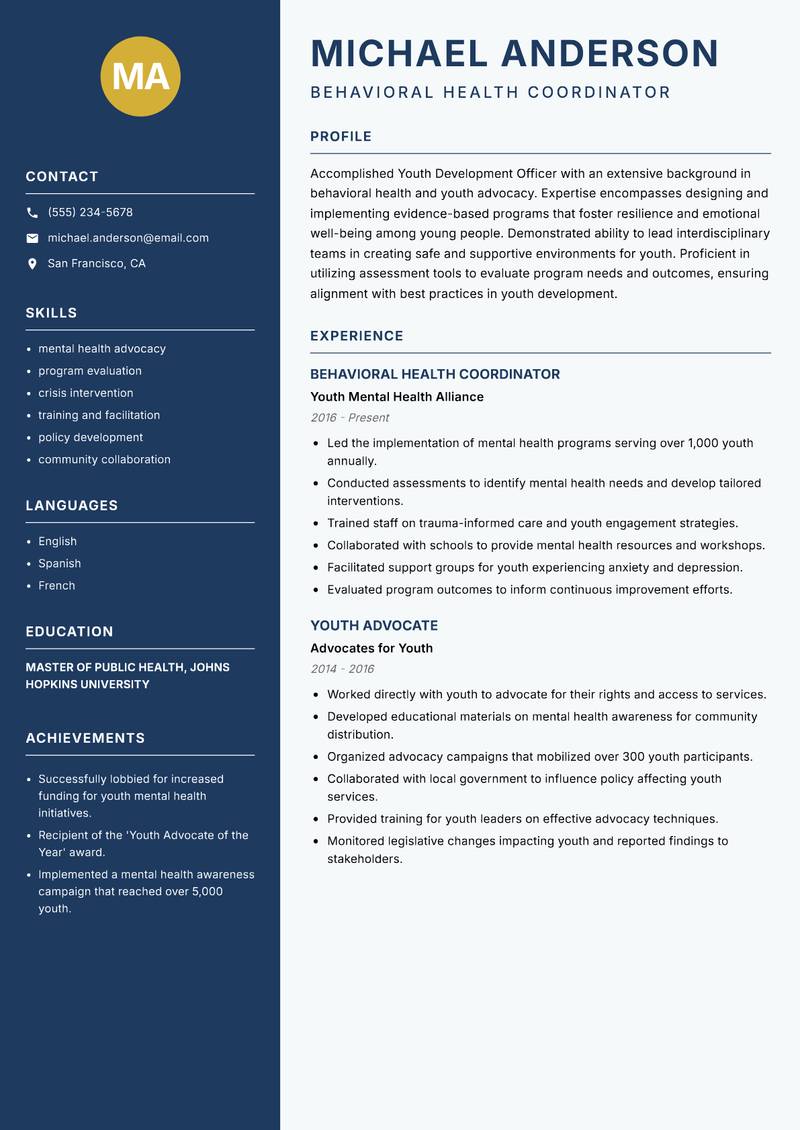 Youth Development Officer Resume Preview Example