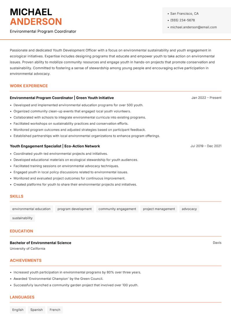 Youth Development Officer Resume Template