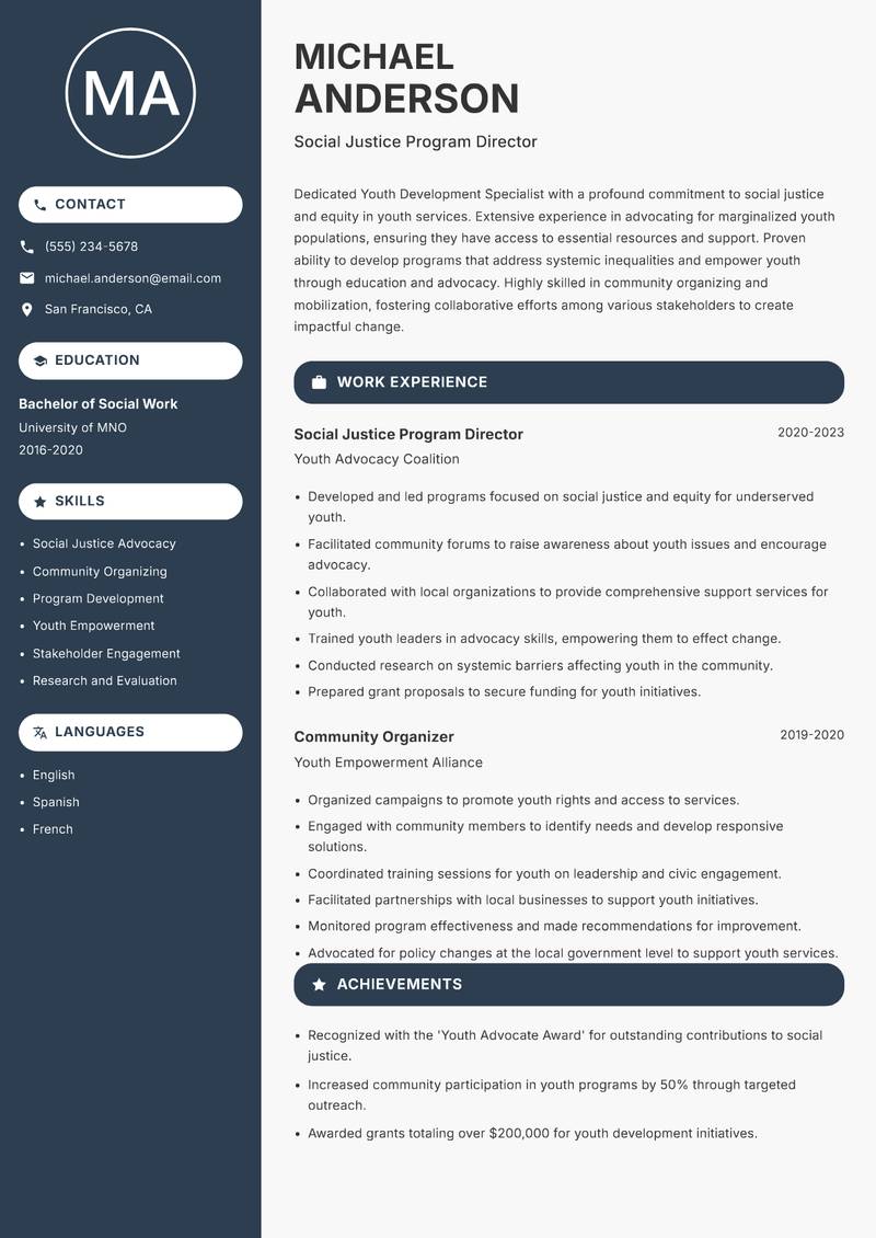 Youth Development Specialist Resume Preview Example