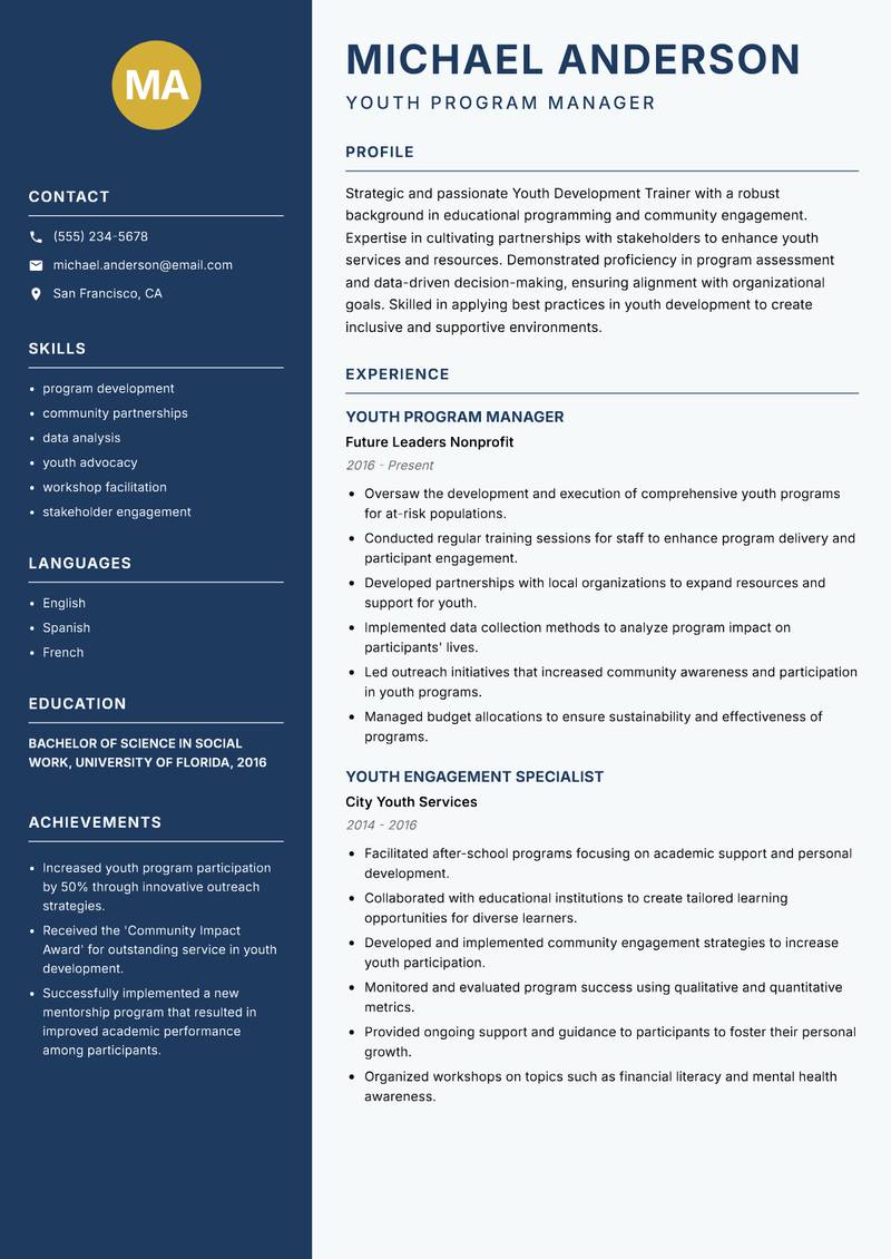 Youth Development Trainer Resume Preview Example