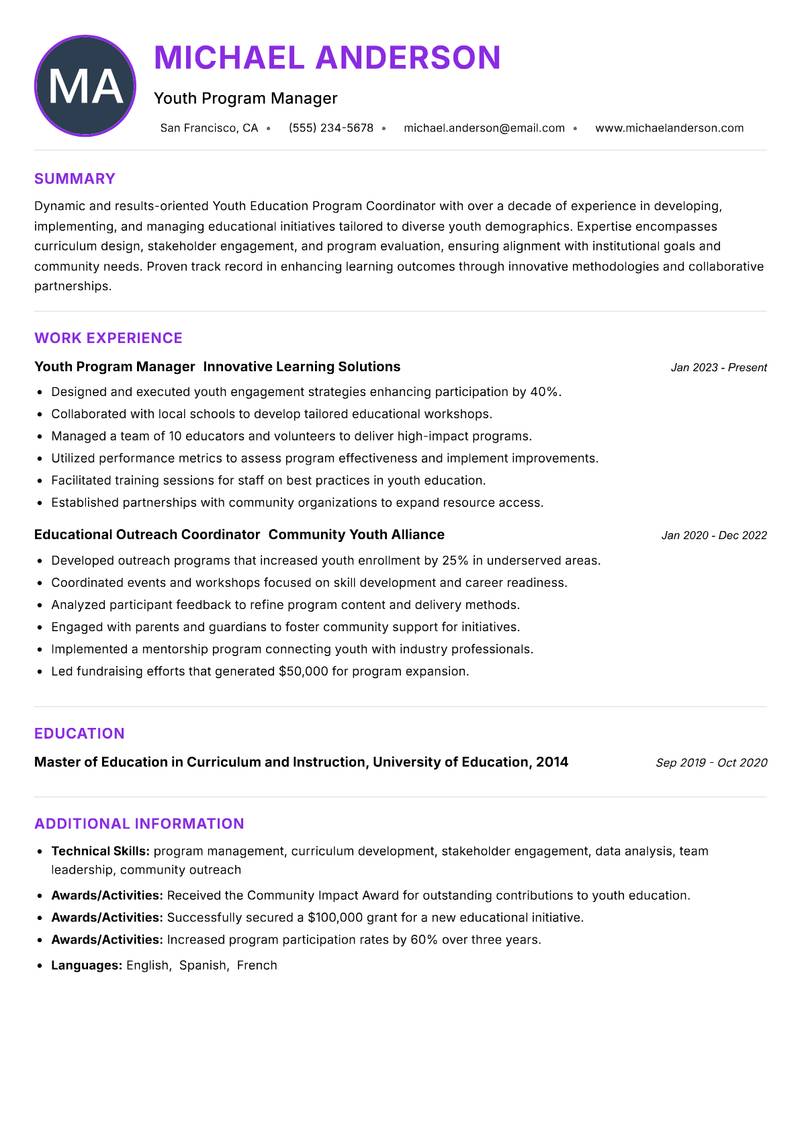 Youth Education Program Coordinator Resume Preview Example