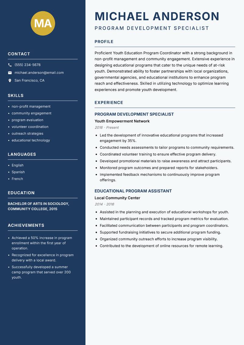 Youth Education Program Coordinator Resume Preview Example