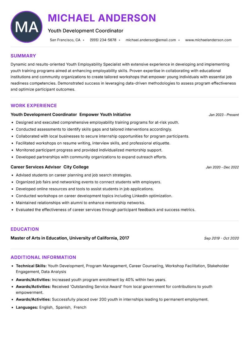 Youth Employability Specialist Resume Preview Example