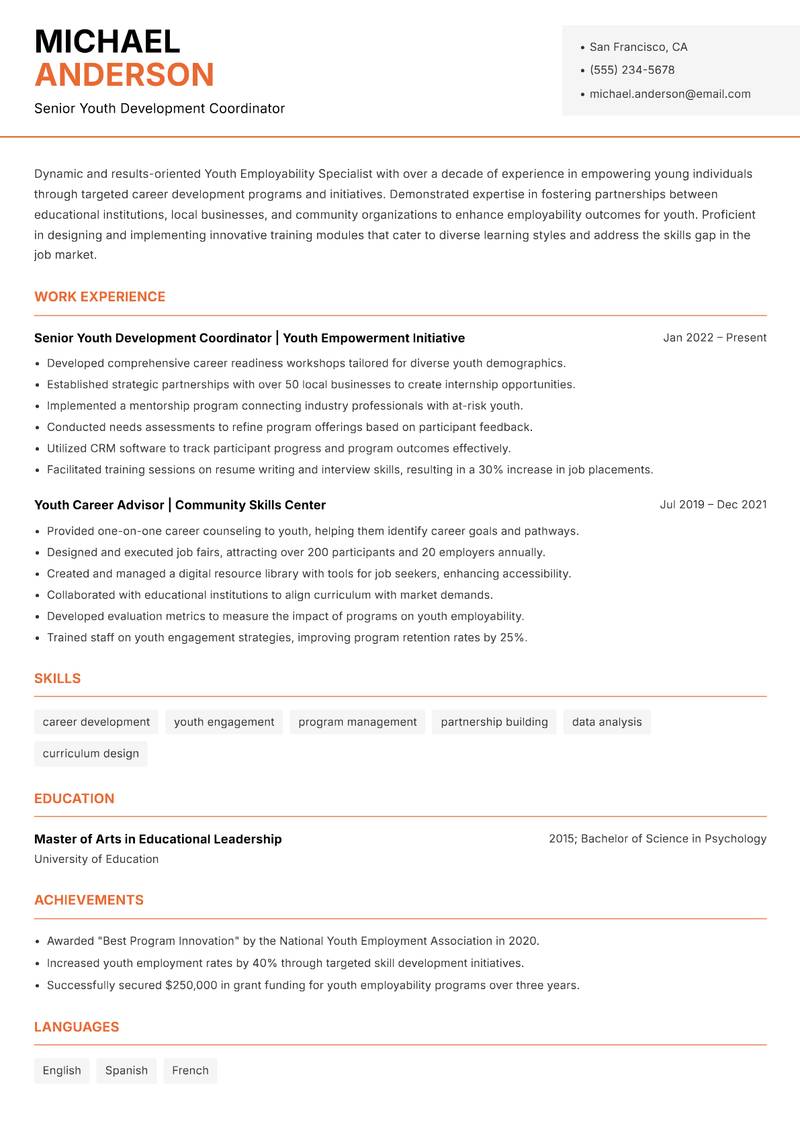 Youth Employability Specialist Resume Template