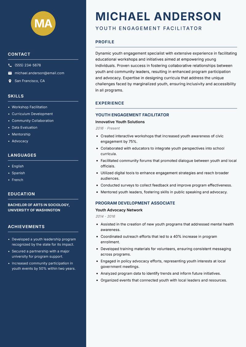 Youth Engagement Specialist Resume Preview Example