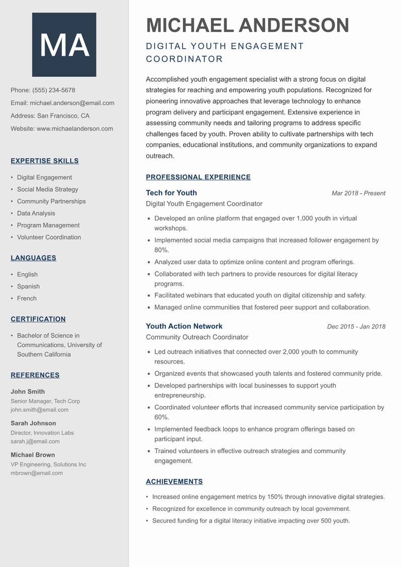 Youth Engagement Specialist Resume Preview Example