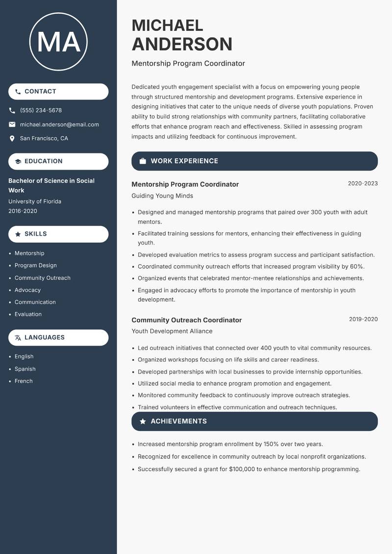 Youth Engagement Specialist Resume Preview Example