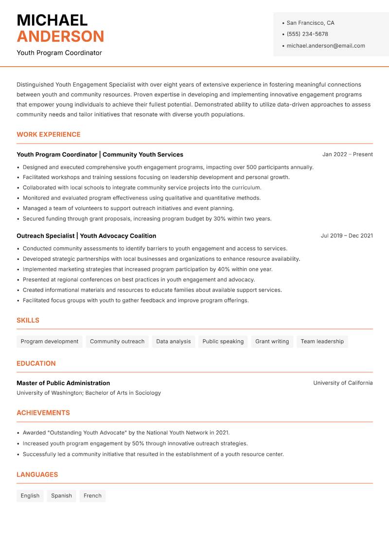 Youth Engagement Specialist Resume Template