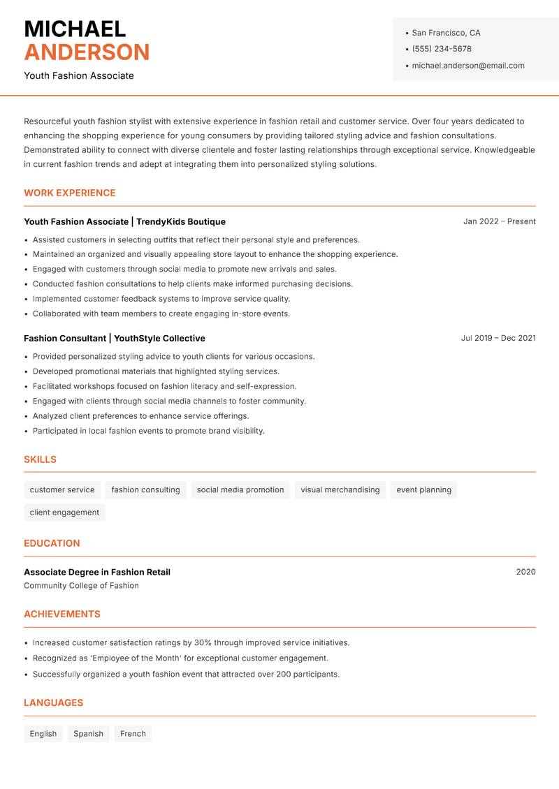 Youth Fashion Stylist Resume Template