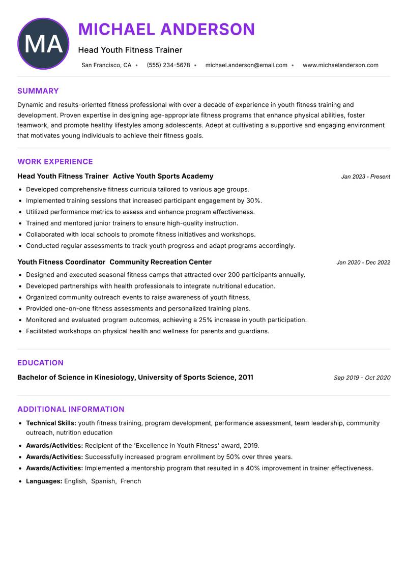 Youth Fitness Trainer Resume Preview Example