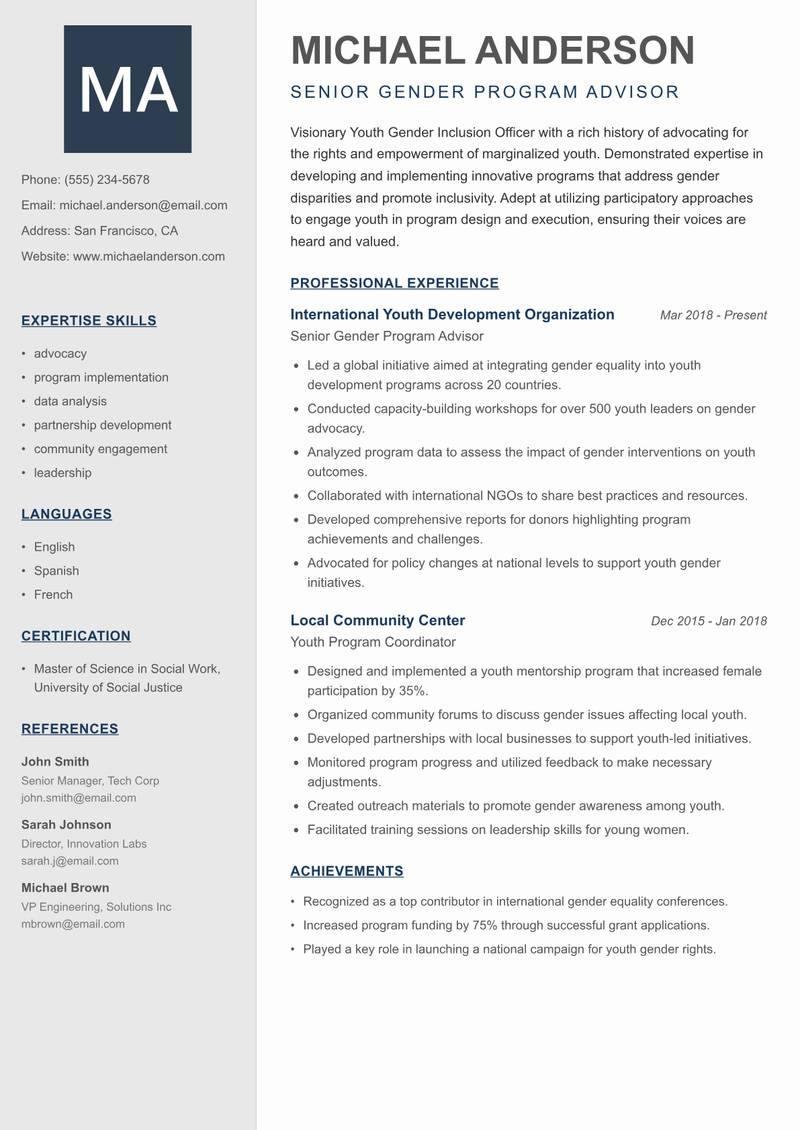 Youth Gender Inclusion Officer Resume Preview Example