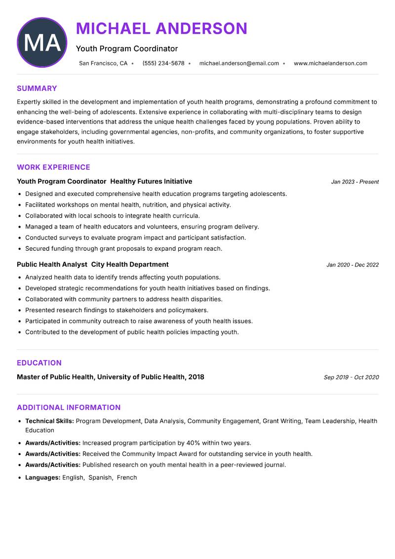 Youth Health Program Officer Resume Preview Example