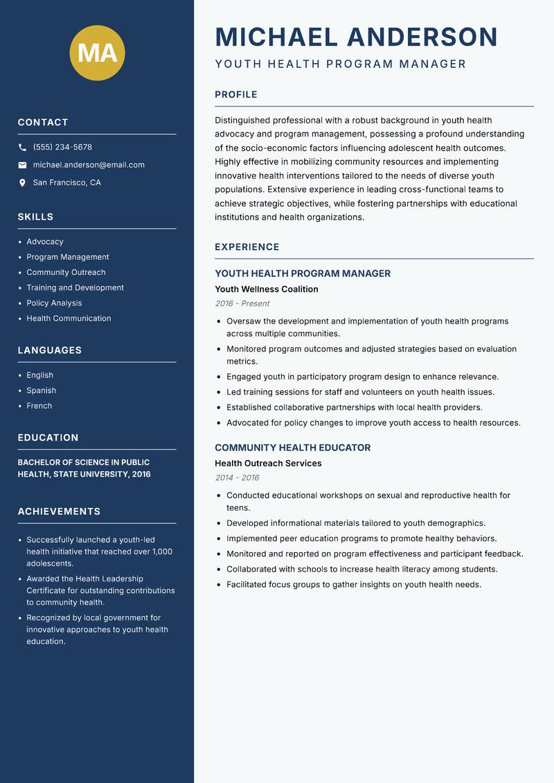 Youth Health Program Officer Resume Preview Example