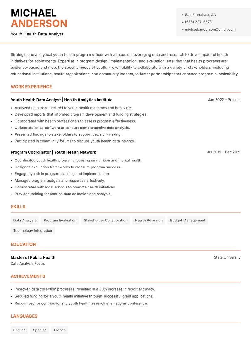 Youth Health Program Officer Resume Template