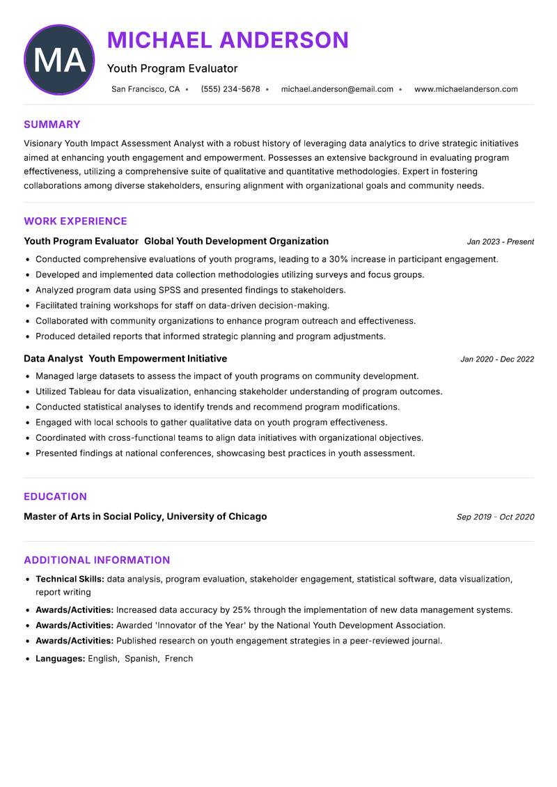 Youth Impact Assessment Analyst Resume Preview Example