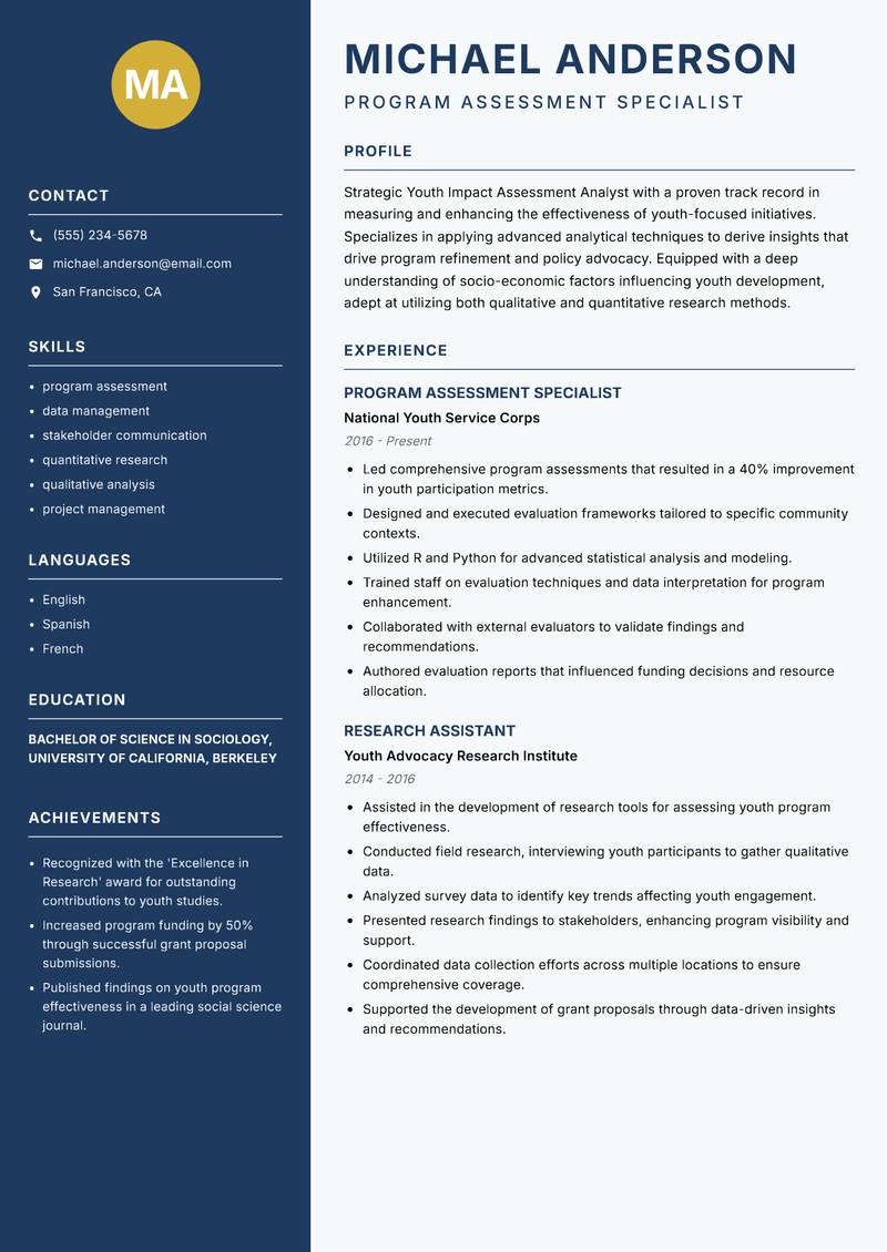 Youth Impact Assessment Analyst Resume Preview Example
