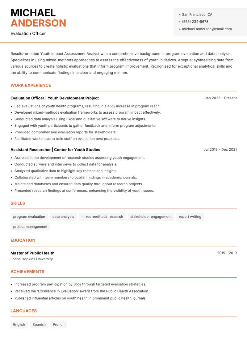 Youth Impact Assessment Analyst Resume Template