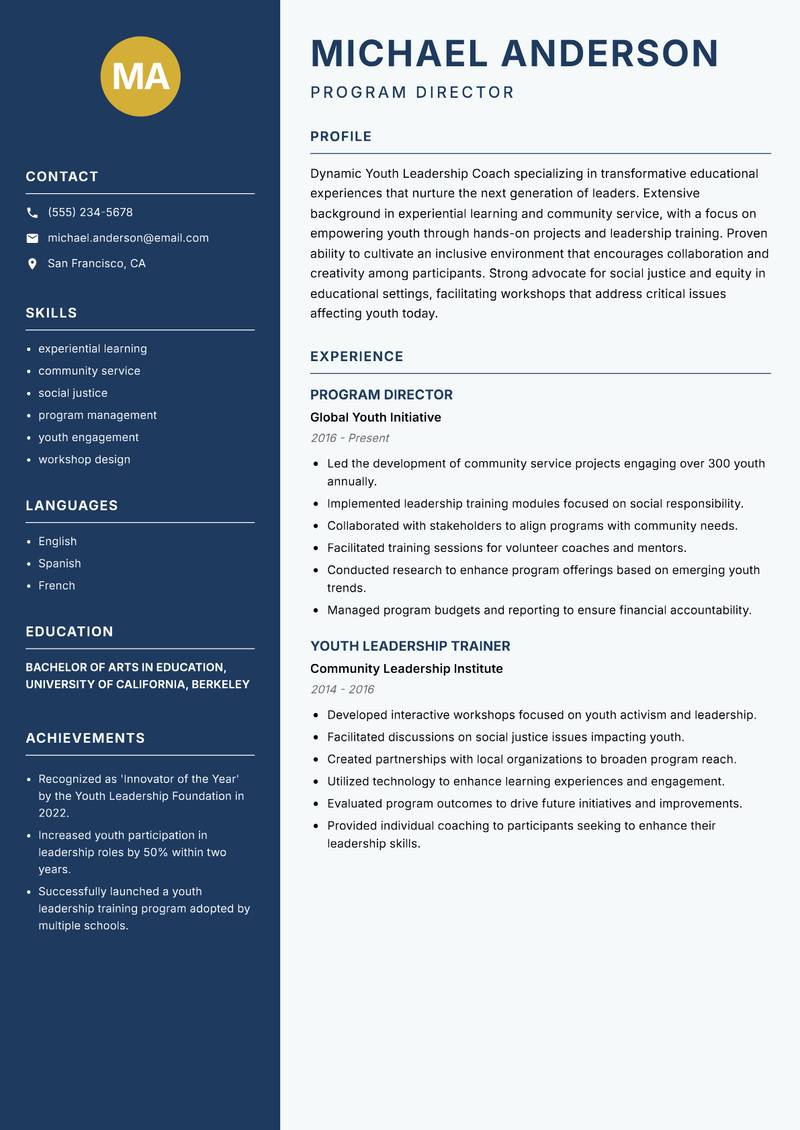 Youth Leadership Coach Resume Preview Example